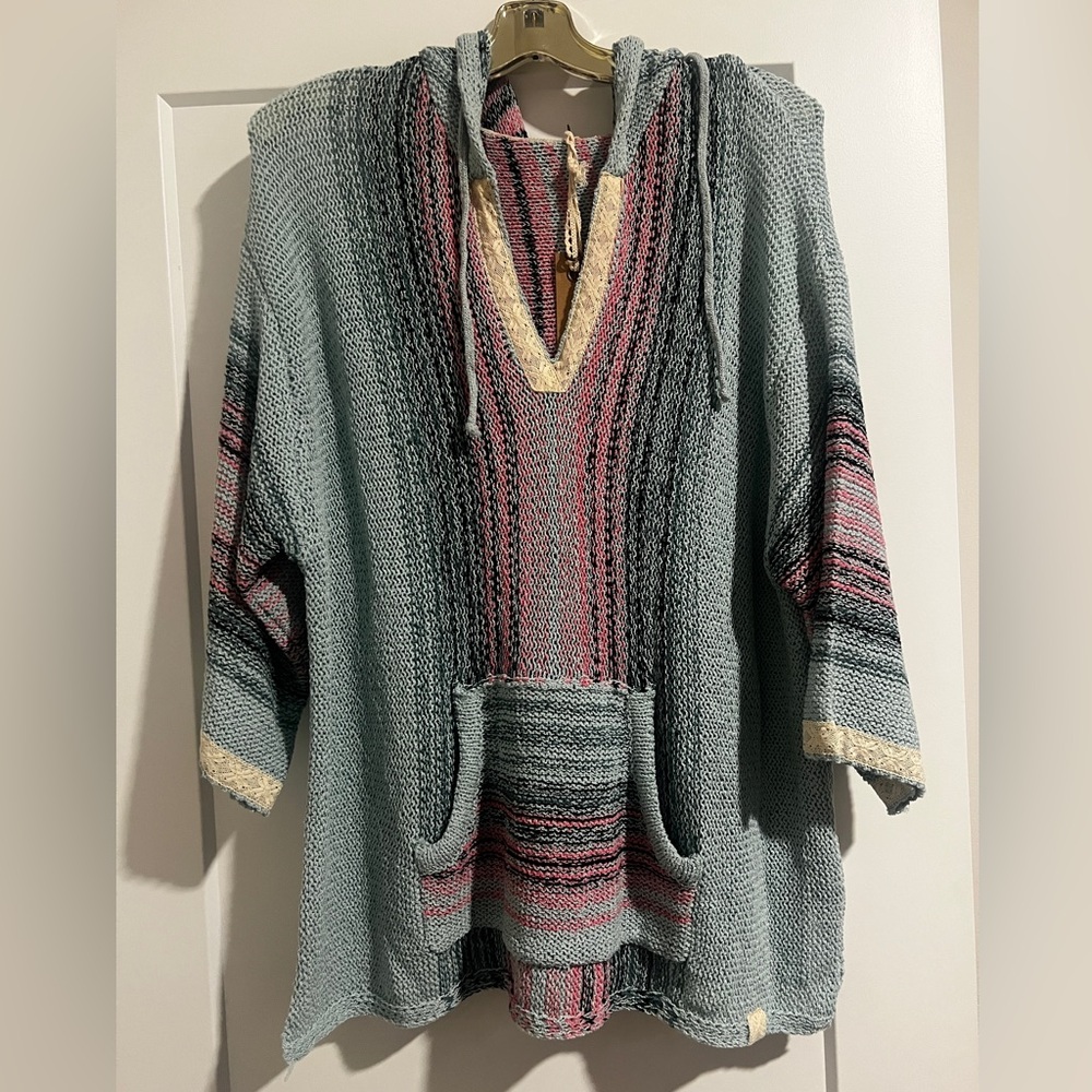 NWT POL Pink and Blue V-Neck Sweater with Hood